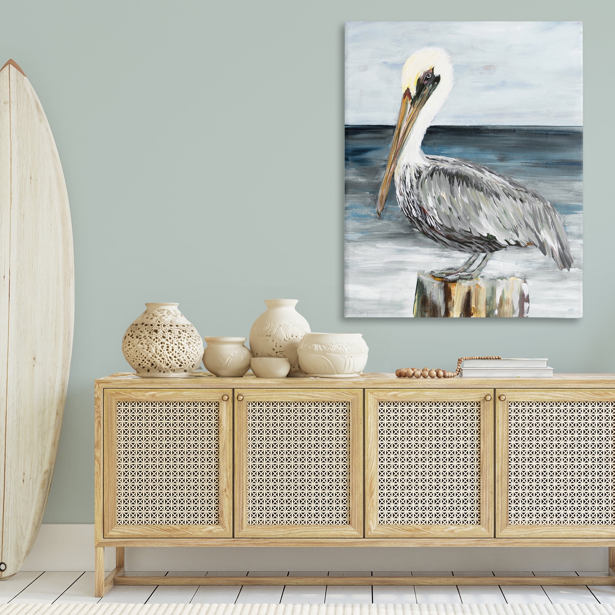 Stupell Industries Peaceful Beach Pelican Animals & Insects Painting Gallery Wrapped Canvas Art Print Wall Art, 36 x 48