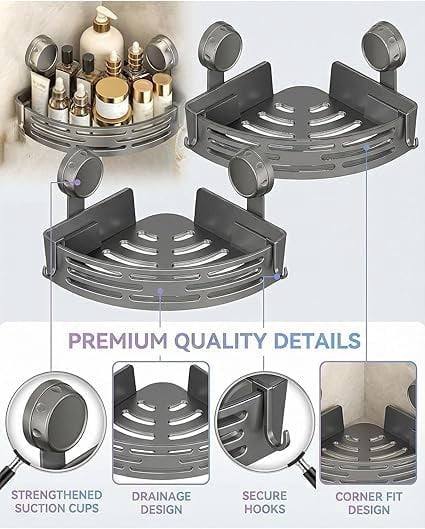 2026 New Suction Cup Corner Shower Shelf, No-Drill Bathroom Corner Shelf Strong, Waterproof Suction Cup, Bathroom Organizers and Storage Countertop for Bathroom Kitchen (Grey-2PCS)