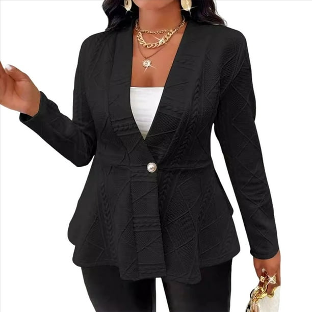 Chaqueta Texturizada con Botones, Cuello en V y Dobladillo con Volantes para Mujer, Talla Grande Negro M