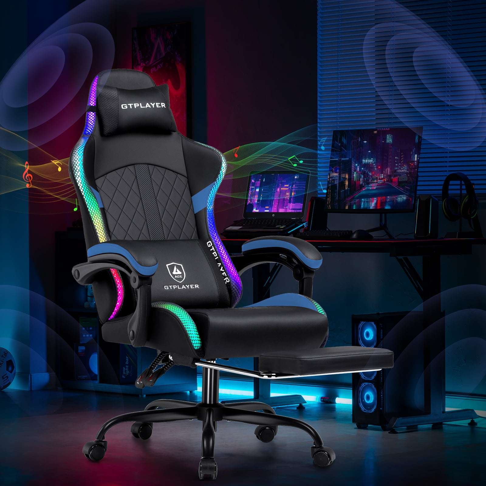 GTPLAYER RGB Gaming Chair with Speakers, Computer Gamer Chair with Footrest and LED Lights, Blue