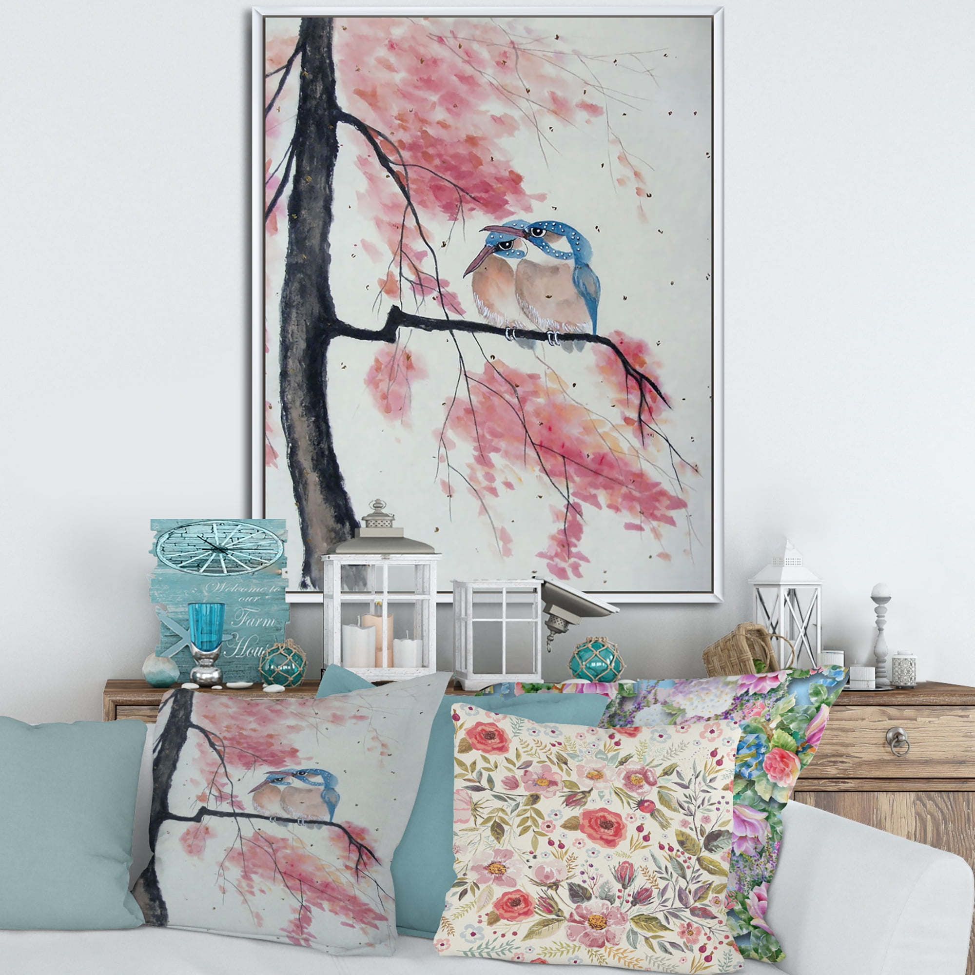 Designart 'Two Blue Kingfisher Birds Sitting On A Flowering Branch' Traditional Framed Canvas Wall Art Print