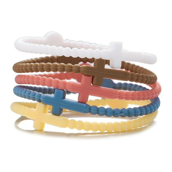Lashicorn Silicone Cross Bracelets 5 Pack pcs Big Pack Bulk Colorful Jesus Eternal Life Bracelet Adult for Women Pink Yellow Green Blue