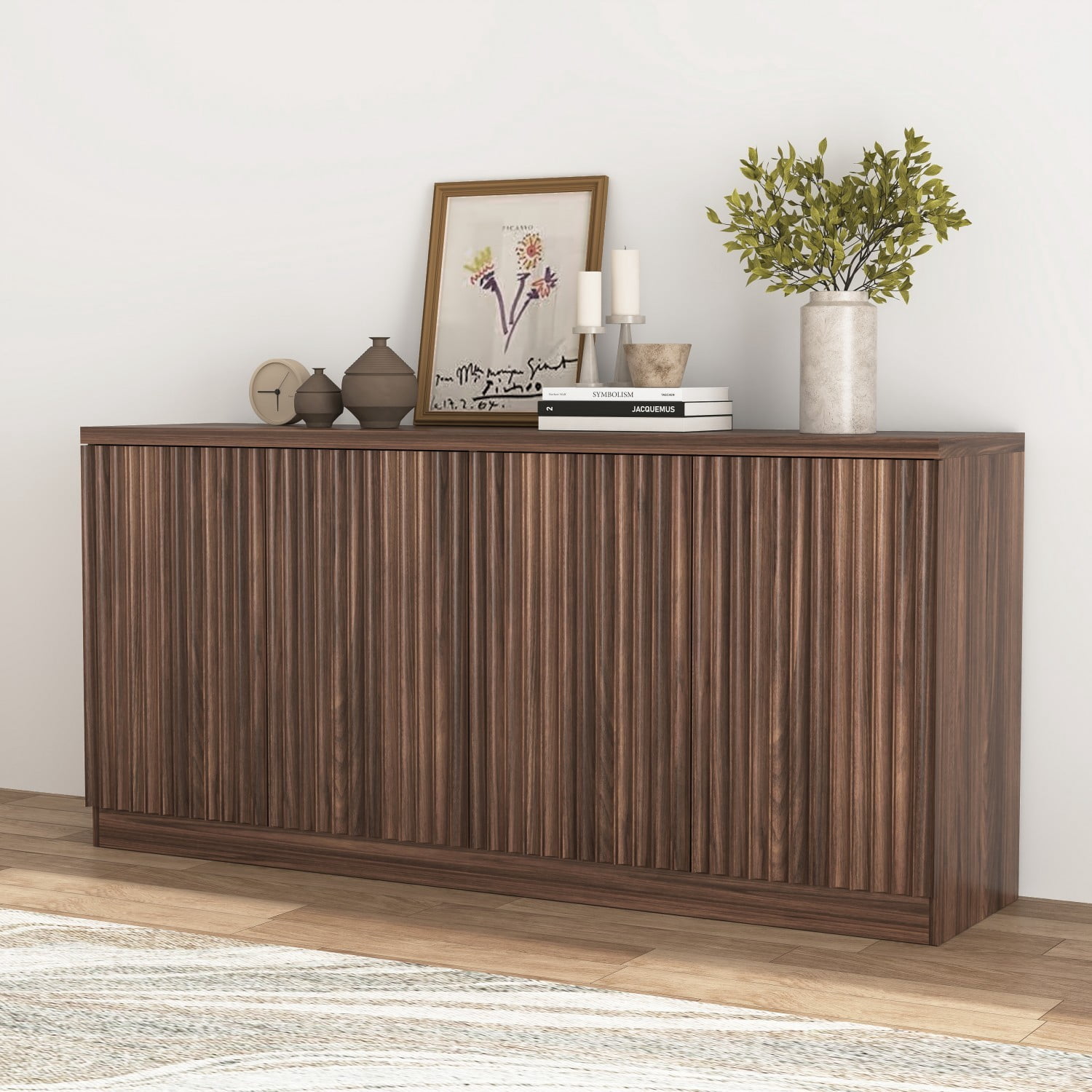 62.6" Buffet Cabinet with Storage, 4 Door Sideboard Cabinet with Shelves, Wooden Coffee Bar Cabinet Credenza Console Table for Kitchen Dining Room Living Room, Walnut