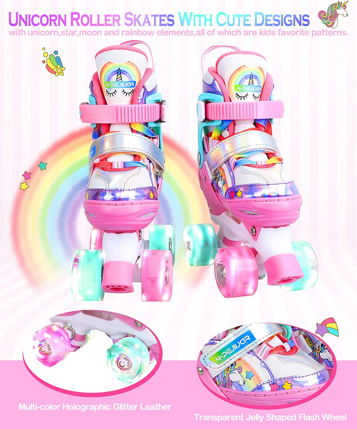 Unicorn Pattern Adjustable Light Up Roller Skates for Girls Ages 6-12 & 3-5  | Wheelkids Rainbow Patines