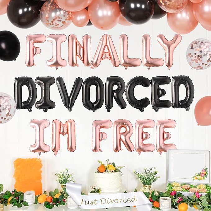 Divorce Party Decorations for Women Men, Finally Divorced Im Free Foil Balloons Banner Black Rose Gold Balloon Garland Arch Kit Just Divorced Sash for Women Divorce Celebration Supplies
