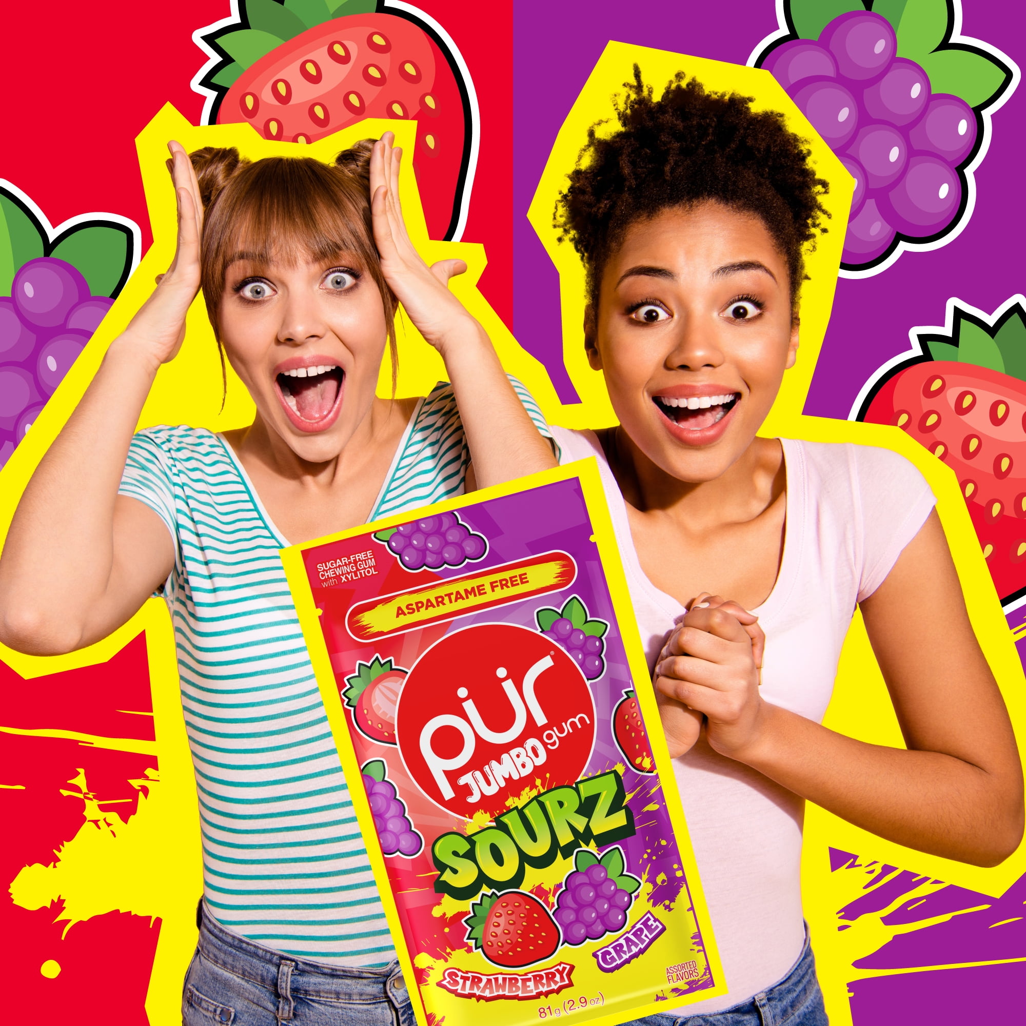 PUR Jumbo SOURZ Gum, Sour Strawberry, Sour Grape, Aspartame Free, Sugar Free & 100% Xylitol Chewing Gum, 20 Pieces, Pack of 10