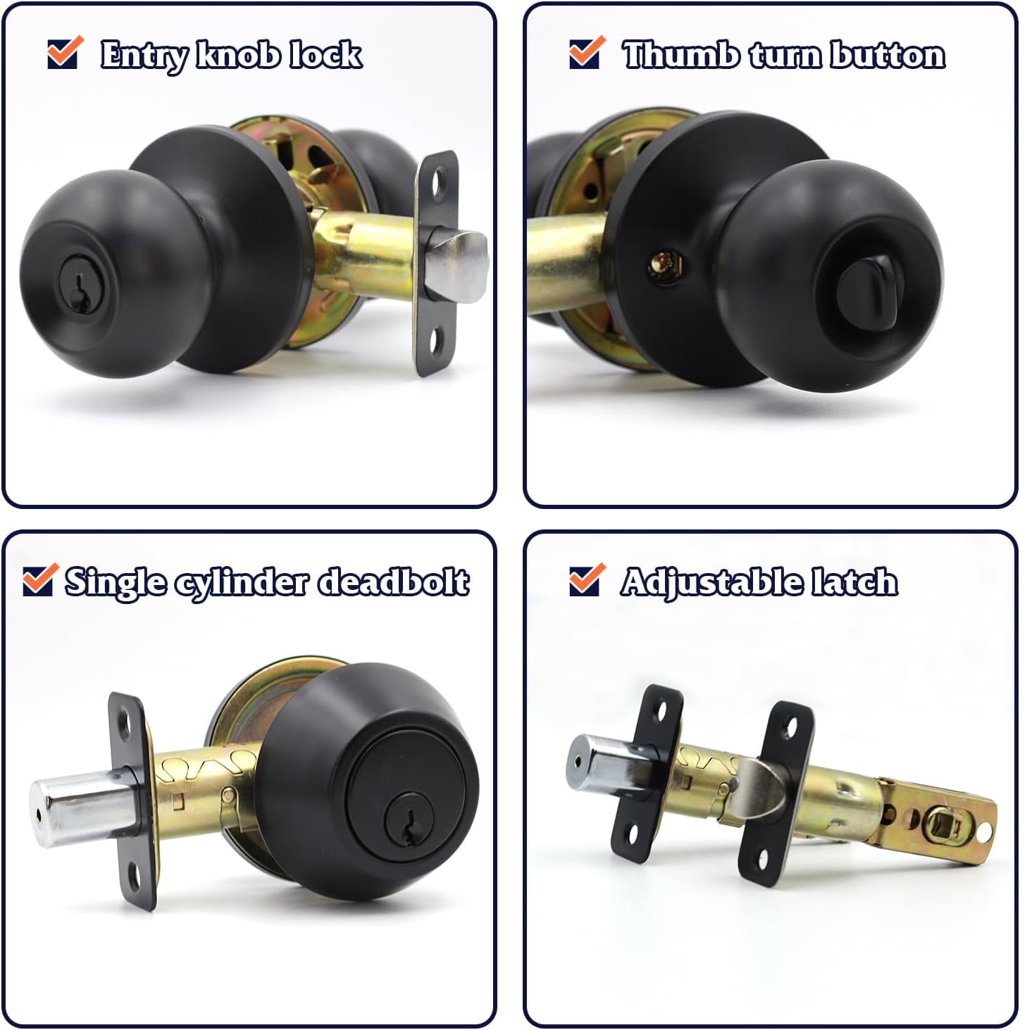 Entry Door Knob and Single Cylinder Deadbolt Combo, Keyed Alike Combination Sets Door Locksets, Matte Black Front Door Knobs and Deadbolt Set (3 Pack)