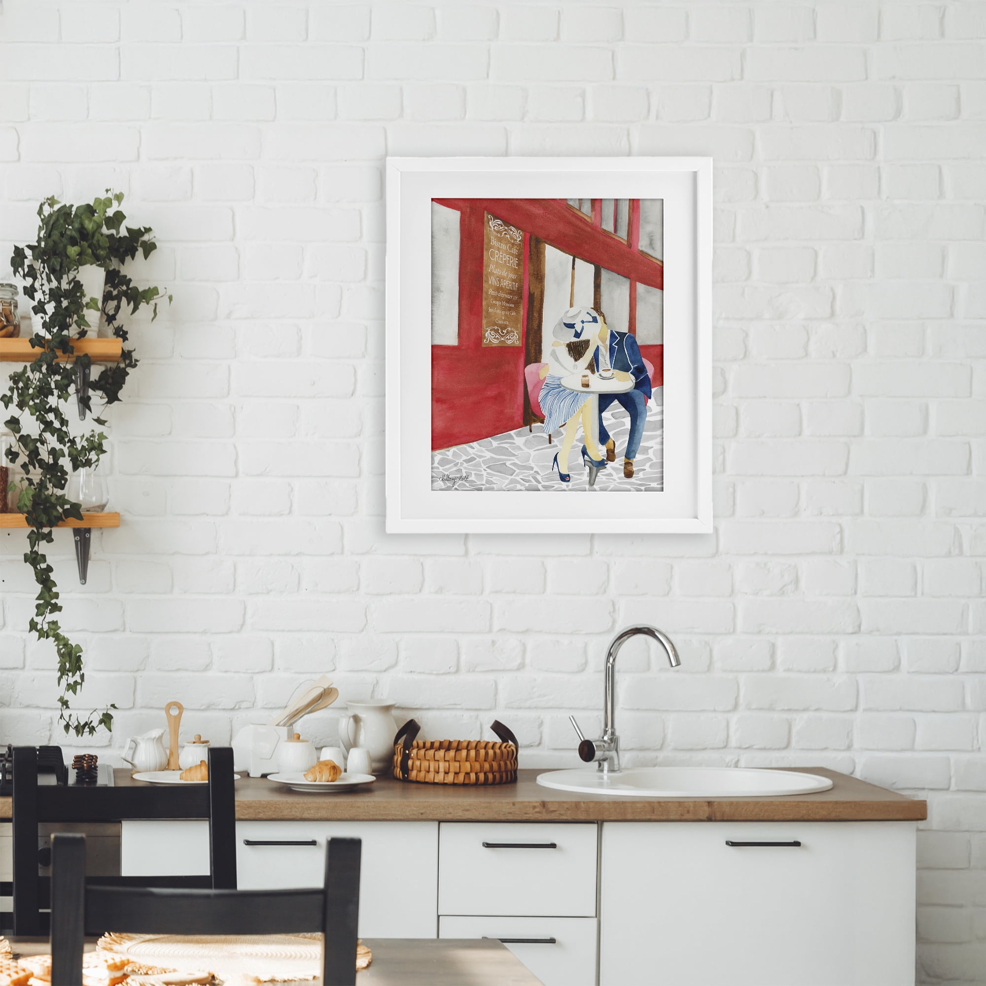 Stupell Industries Kiss At Parisian Cafe White Framed Print Under Glass, design by Hillary Holt
