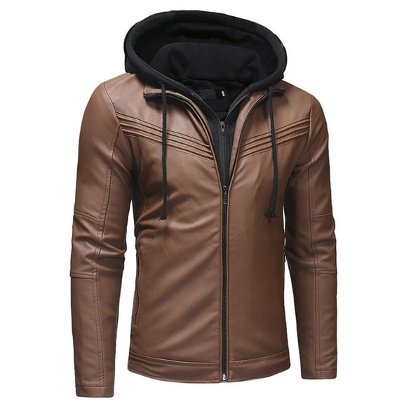 YODETEY Men Solid Casual Double Zipper Access Control Leather Hooded Jacket Coats Coffee 12(XXXL)