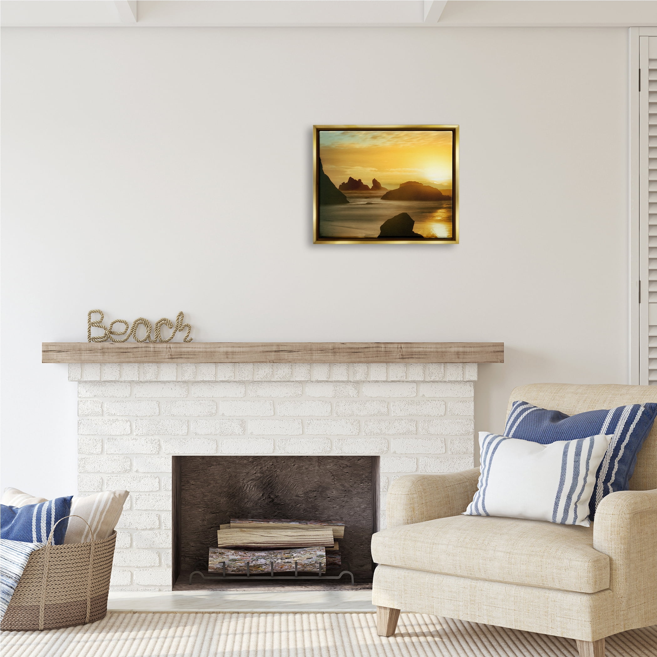 Stupell Industries Sea Stacks at Sunset Nature Photography Gold Floater Framed Art Print Wall Art, 21 x 17