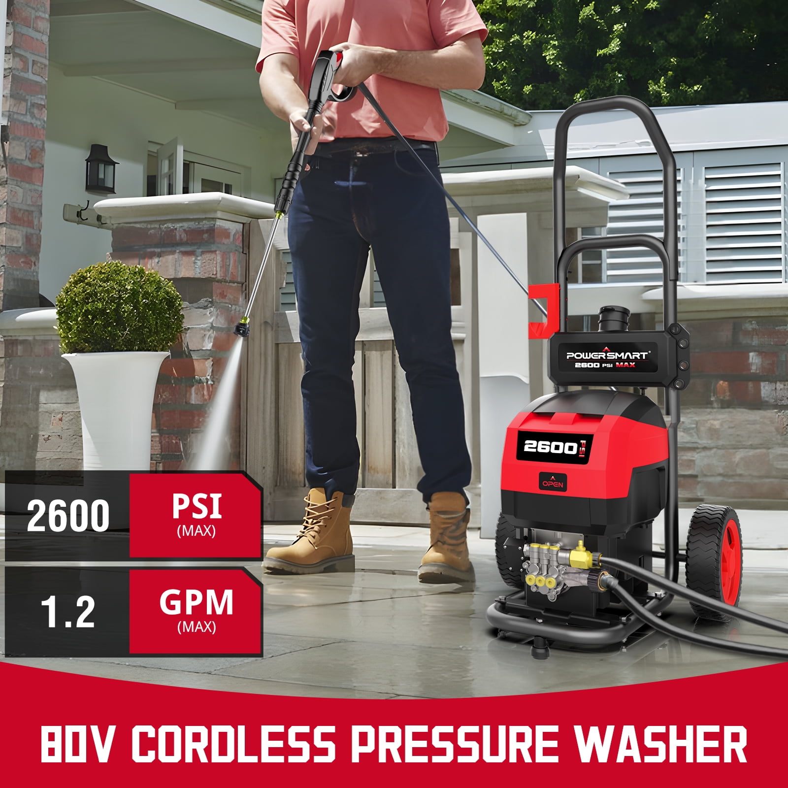 PowerSmart 80V Cordless Pressure Washer, 2600 PSI, 5 Adjustable Nozzles, 6.0 Ah Battery & Charger