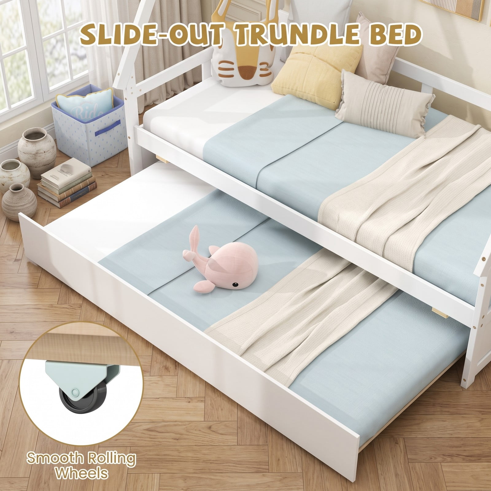Furnibear Twin Bed Frame, Montessori House Bed with Pull Out Trundle, Safety Guardrail and Wooden Slat Support for Kids Room, White
