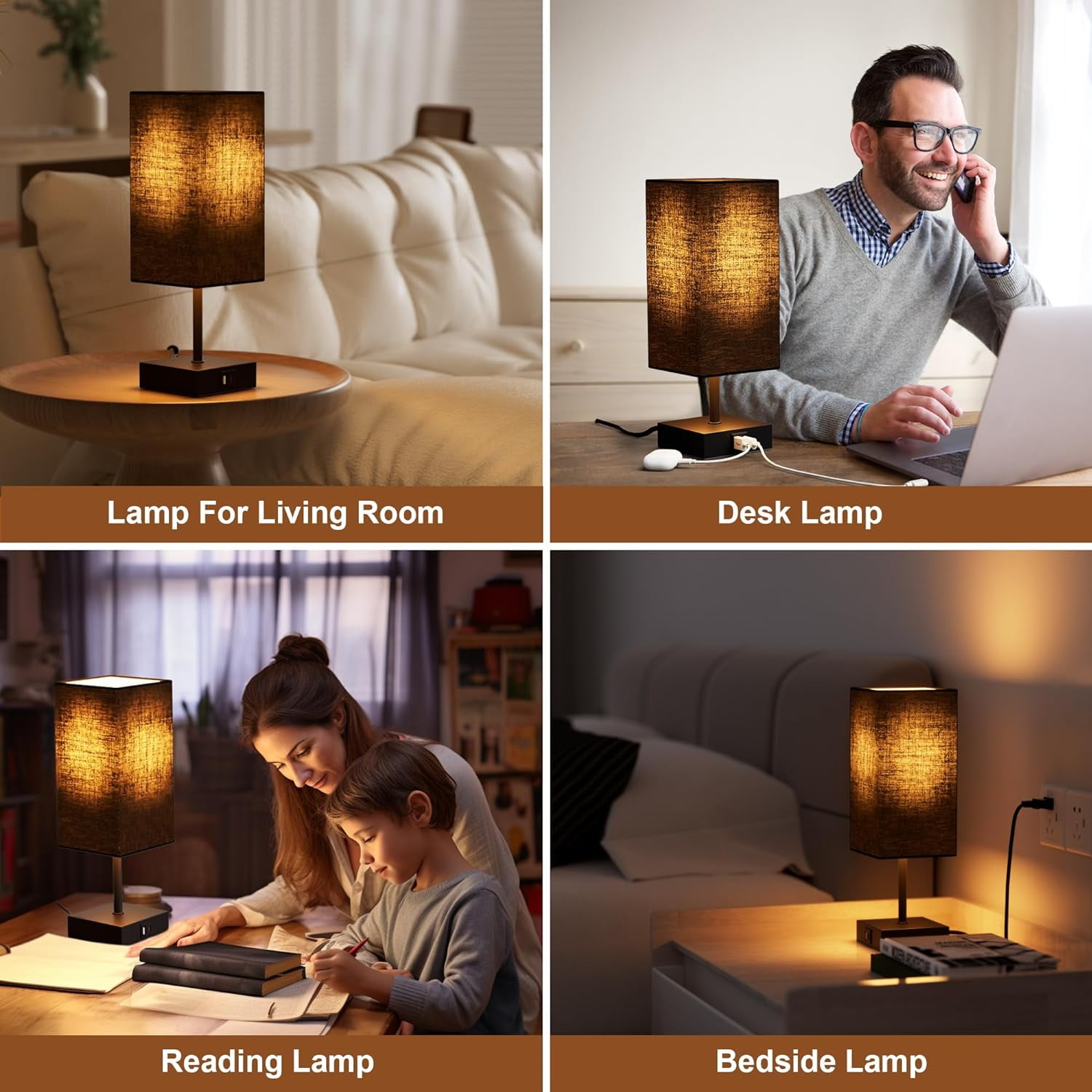 Hansang Bedside Table Lamps Set of 2, Touch Bedroom Lamp with USB C+A Charging Ports, 3 Way Dimmable Lamps for Night Stands, LED Bulbs Included