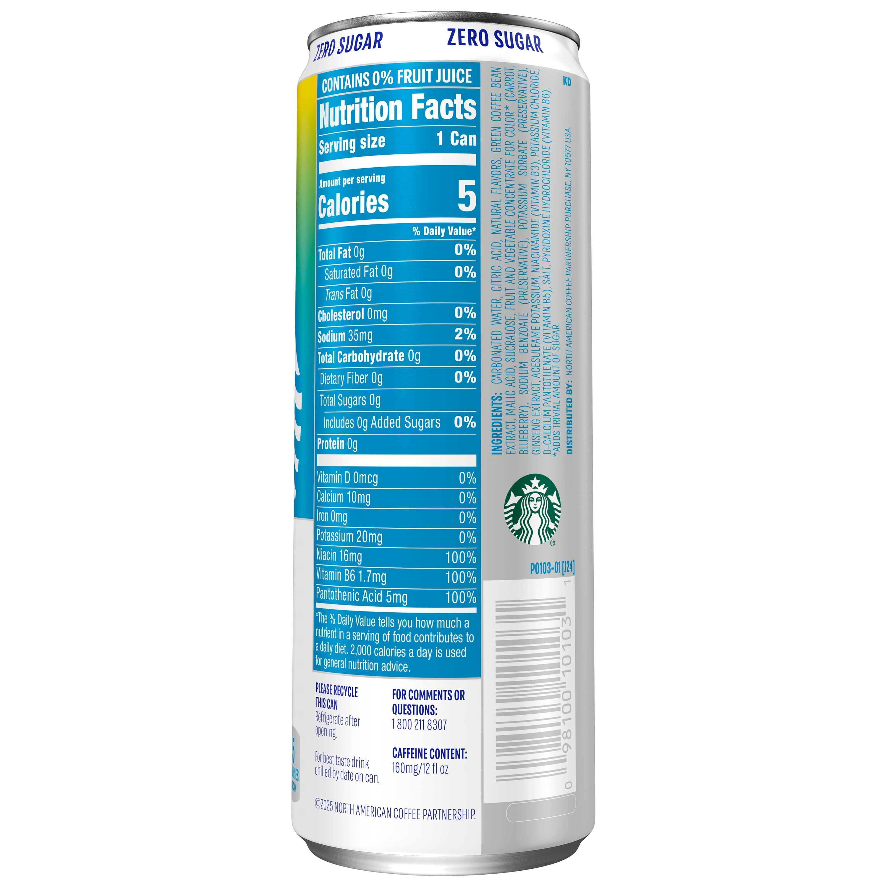 Starbucks Iced Energy Zero Sugar Sparkling Energy Drink Blueberry Lemonade 12 fl oz Cans, 12 Pack