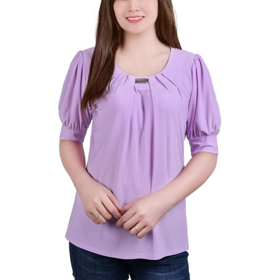 Petite Short Sleeve Balloon Sleeve Top With Hardware