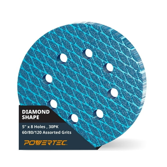 POWERTEC 30PK 5 Inch 8-Hole Hook and Loop Diamond Shaped Sanding Discs, Assorted Grits (60/80/120) for Random Orbital Sanders –J-Weight Cloth Backing for Long Life, Anti-Clog Sandpaper (44900N)