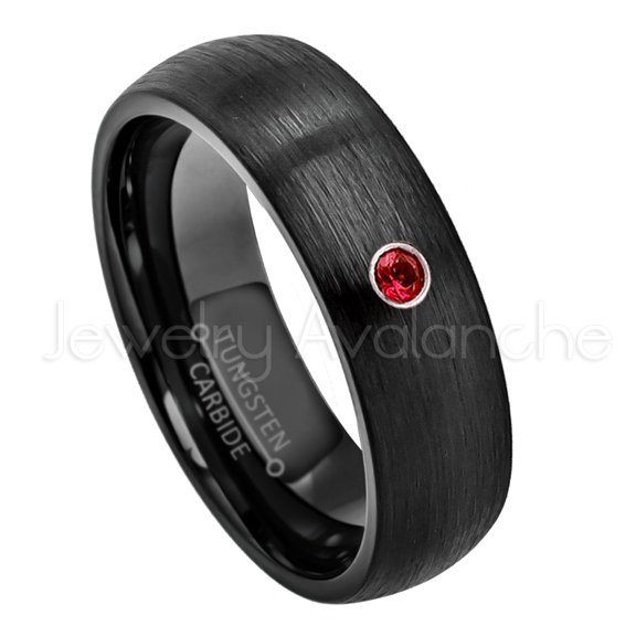 6mm Brushed Dome Black Tungsten Ring - 0.07ct Solitaire Garnet Ring - Personalized Tungsten Wedding Ring - Custom Made January Birthstone Ring TN233BS