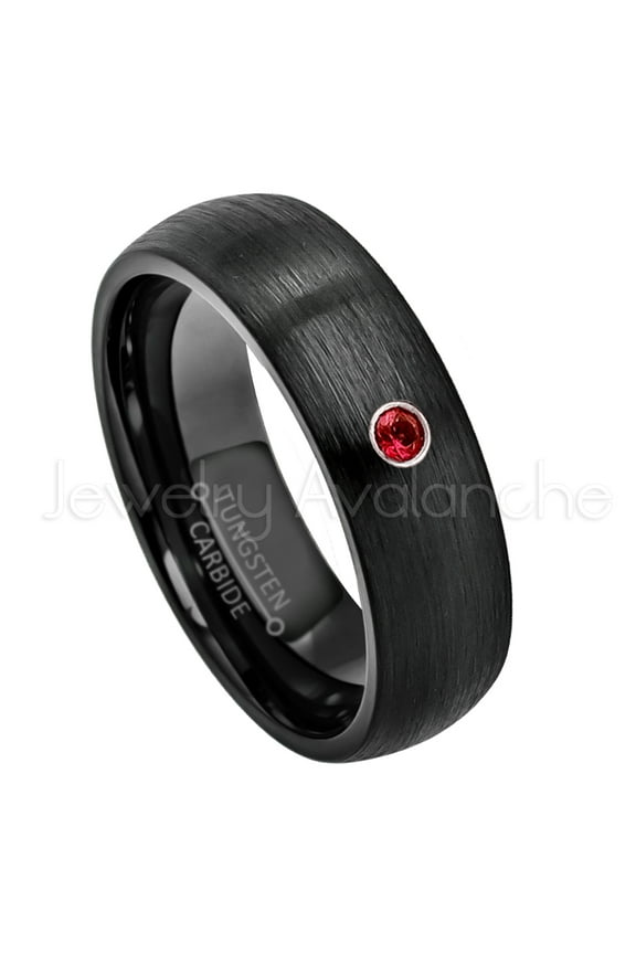 6mm Brushed Dome Black Tungsten Ring - 0.07ct Solitaire Garnet Ring - Personalized Tungsten Wedding Ring - Custom Made January Birthstone Ring TN233BS