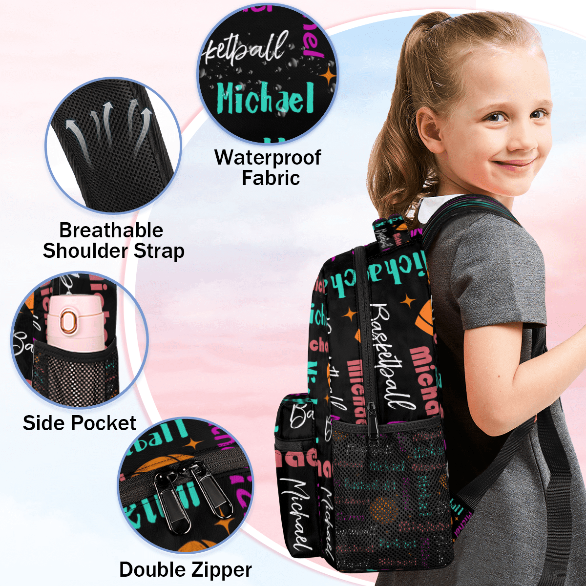 Jiaoprinted Custom Basketball Theme Backpack with Name, Personalized Lightweight Casual Daypack for Women Men, Customized 18 Inch Travel Back Pack