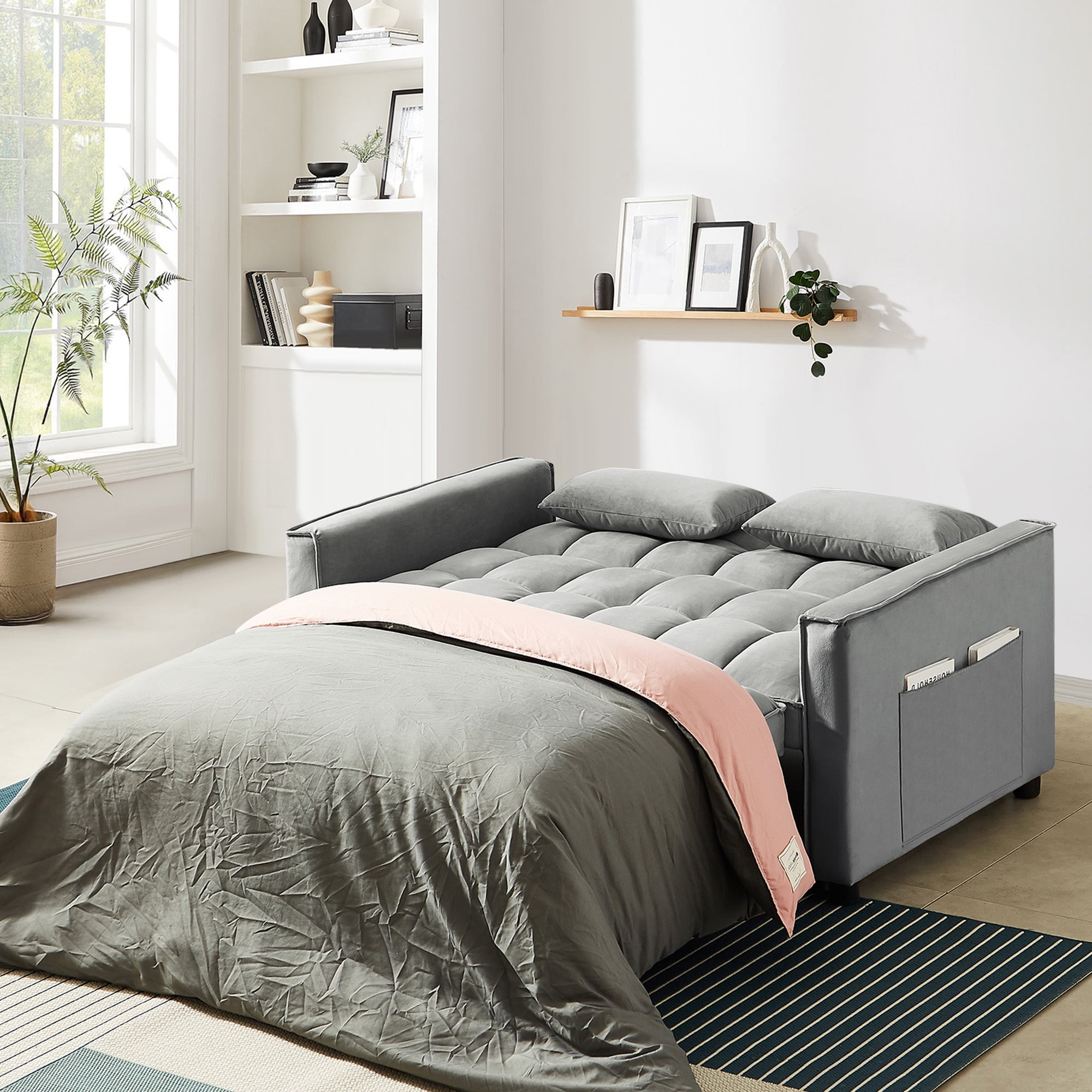 Lunale 4-in-1 Convertible Futon Sofa Bed, Pull Out Couch Beds Loveseat Sleeper, Gray Velvet