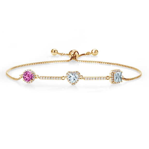 Gem Stone King 1.47 Ct Pink Created Sapphire Sky Blue Aquamarine 18K Yellow Gold Plated Silver Bracelet for Women