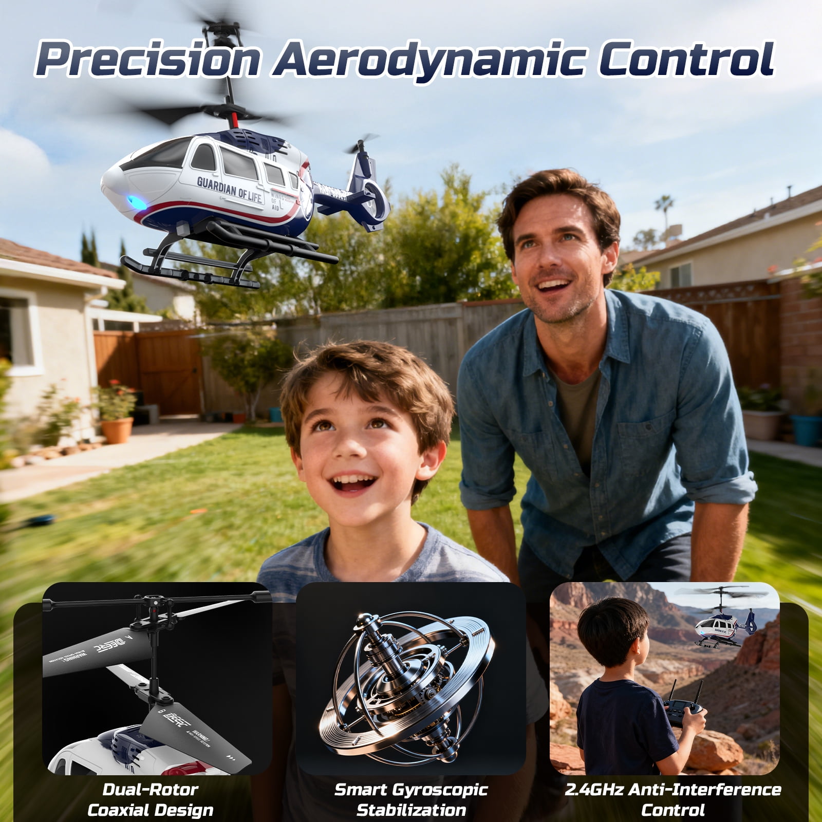 DEERC RC Helicopter for Adults,Rescue Remote Control Helicopter for Kids 8-12, Toy Helicopters RC with LED Lights, 2 Batteries, Altitude Hold, 2.4GHz Military Style for Indoor, Ideal for Birthday
