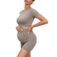 thumbnail image 3 of Tqyyweavej Maternity 2 Piece Outfit Quick Dry Short Sleeve Crewneck Yoga Tops and Over The Belly Solid Color Ribbed Workout Shorts, 3 of 7
