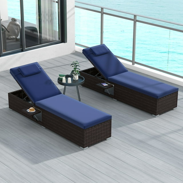 Costway 2 PCS Patio Chaise Lounge with 6-level Backrest Comfy Seat Cushion & Headrest Backyard Navy