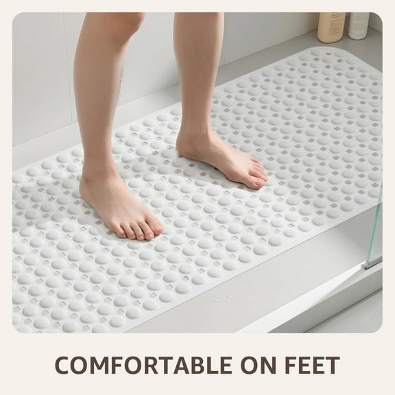 35x16 Inch Non Slip Bath Tub Mat, White Shower Floor Liner with Suction Cups & Drain Holes, Machine Washable Bathtub Mat, Soft on Feet, Durable