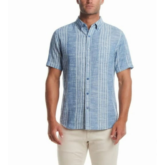 Weatherproof Vintage Men's Short Sleeve Linen Cotton Blend Woven Button Down Shirt (US, Alpha, Medium, Regular, Regular, Blue)