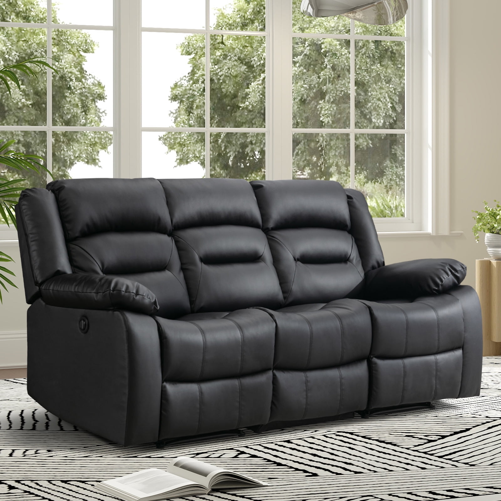 Bonzy Home Faux Leather Power Recliner Sofa Set, Electric Reclining Chair, Loveseat, and 3-Seat Sofa for Living Room, Bedroom, Office, Black