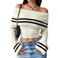 thumbnail image 4 of Womens Off One Shoulder Sweater Tops Summer Long Sleeve Stripe Casual Loose Knit Trendy Going Out Tops White S, 4 of 10
