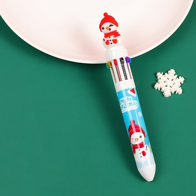 10 Color Ballpoint Press Pen for Kids and Students - Christmas Themed with Santa, Snowman, Reindeer Designs - 10ML Ink for Writing, Drawing, and Gift Giving