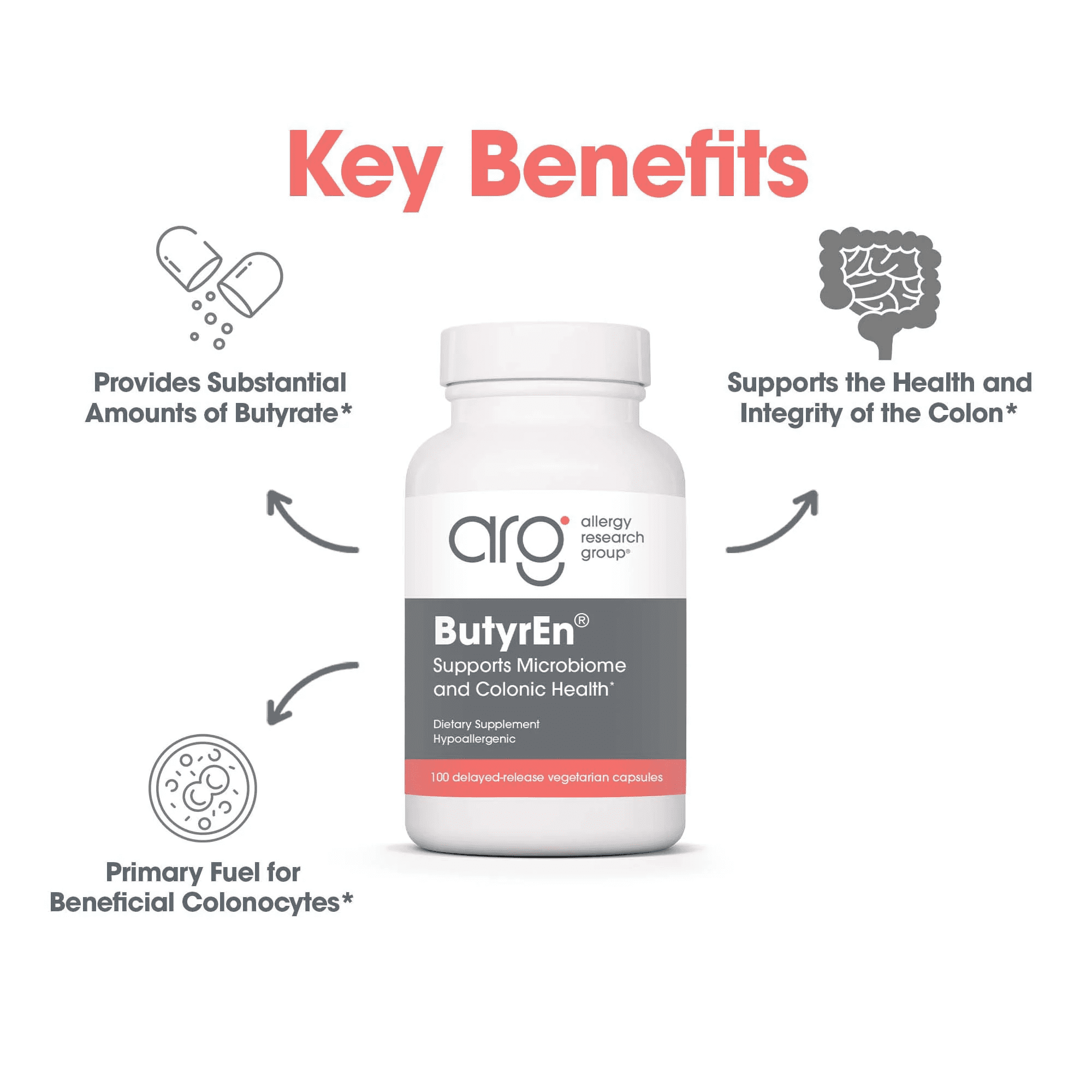 ARG ButyrEn Colon Lining Nutrition - Supports Gut and Colon Health - Digestive Support - Delivers 200 mg - Vegetarian & Hypoallergenic - 100 Servings - 100 Delayed-Release Capsules