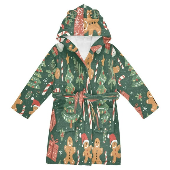 FORMRS Niños Bathrobe Unisex Hooded Robe Soft Plush Pajamas Sleepwear, Size 2-3T, Brown Christmas Gingerbread