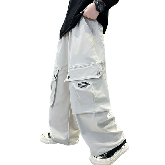 XUELUO Boys Athletic Shorts And Pants Summer Cargo Solid Color Elastic High Waist Drawstring Loose Fit Casual Pockets Sweatpants Trousers Daily-Wear,Beige,4-5 Years