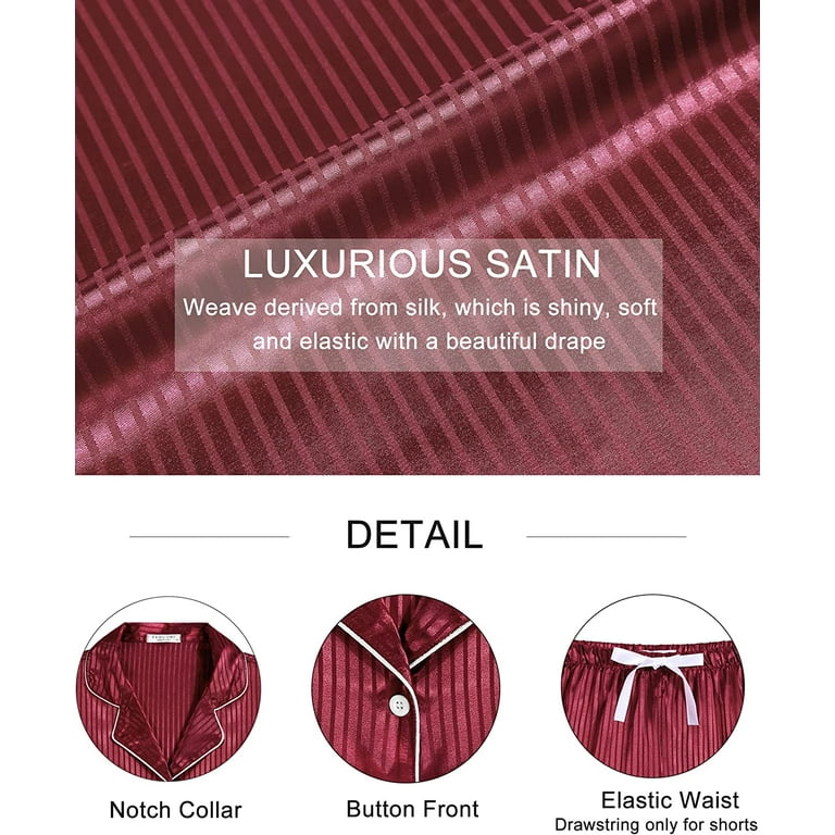 Ekouaer Women's Striped Satin Pajama Set 4 Pcs Silk Sleepwear Long Sleeve  Button Down Pjs Sexy Cami Shorts Set 