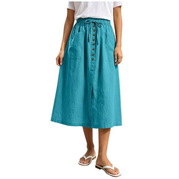 Tdoqot Womens Cotton Linen Skirts with Pockets- A-Line Drawstring Summer Casual Elastic Waist Midi Skirt Sky Blue Size S-2XL