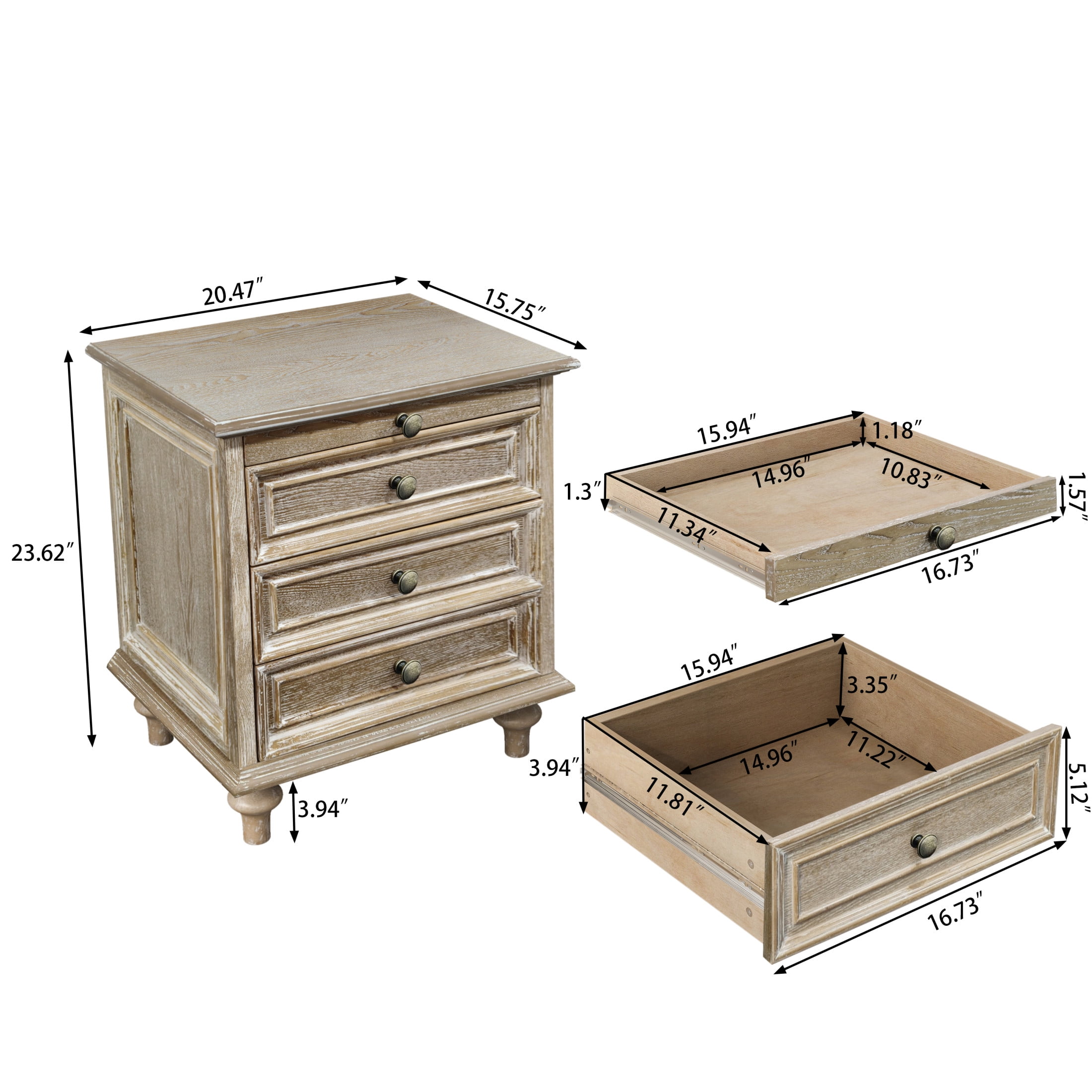 GDF Studio Farmhouse Nightstand with 3 Drawers & Pull-Out Tray, Solid Wood Legs, Natural+White