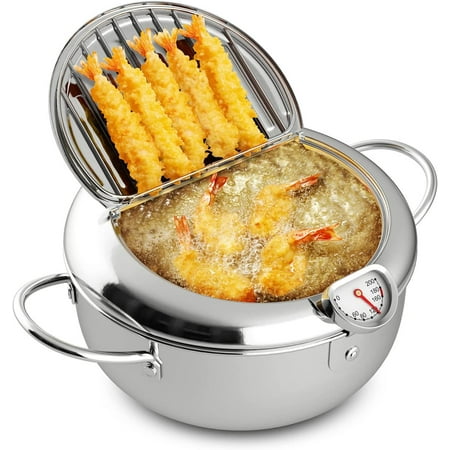 BestAlice Deep Fryer Pot, 10in(3.4L) Stainless Steel Frying Pot, Upgrade Deep Fryer Pot with Thermometer, Japanese Small Deep Frying Pot with Oil Drip Drainer Rack for French Fries Fish Chicken