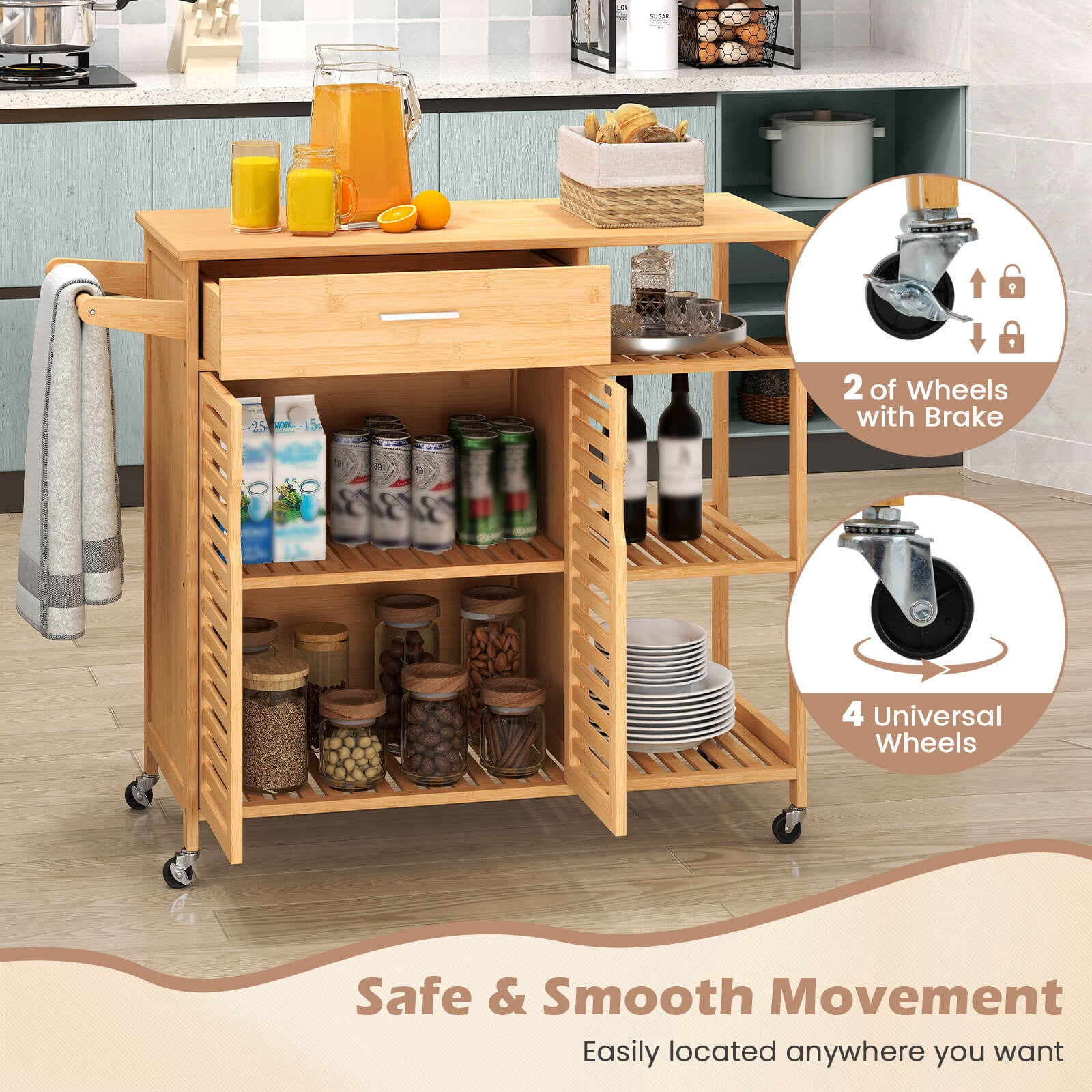 Costway 35.5" Kitchen Island Cartwith Lockable Wheels Drawer Open Shelves Towel Bar