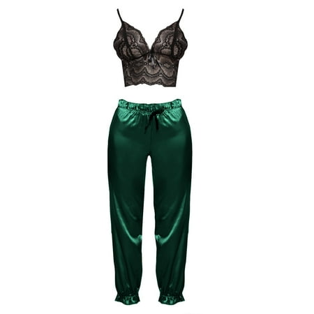 

Odeerbi Sexy Lace Lingerie for Women Fashion Hollow Deep V Top Satin Trousers Pajama Suit Green