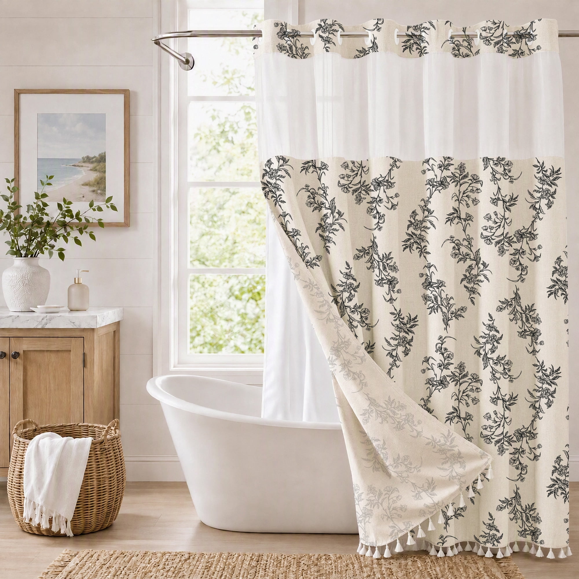 Sanmadrola No Hooks Floral Plant Shower Curtain with Snap-in Fabric Liner Set, Faux Cotton Linen, Perfect for Bathroom Hotel Luxury Decor, Washable Waterproof with Tassels and Sheer Window, 71Wx74H