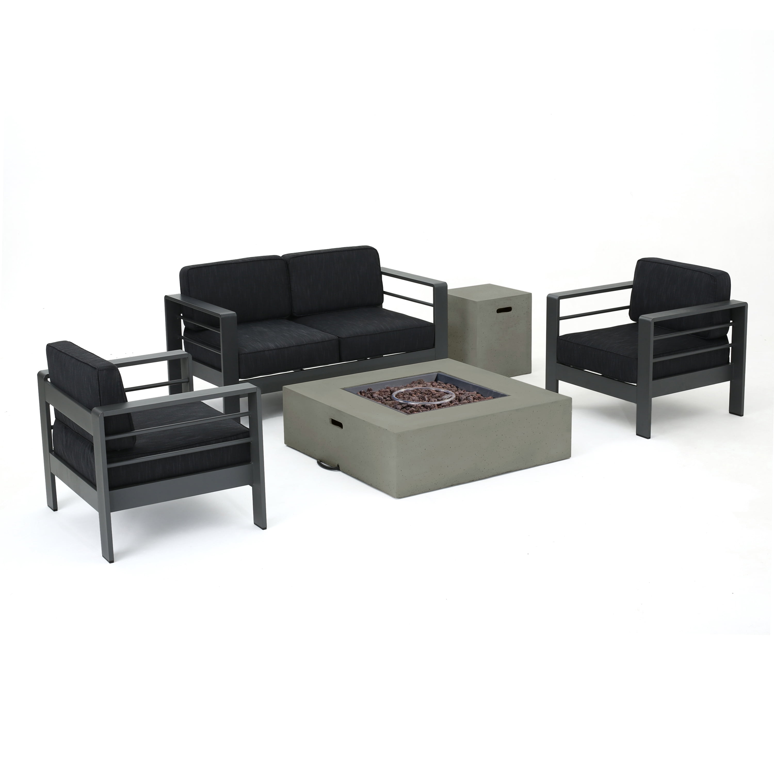 Bridget Outdoor 5 Piece Aluminum Sofa Chat Set with Cushions and Square Fire Table, Grey, Light Grey