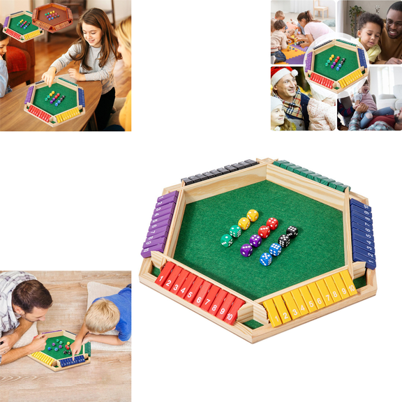 Shut The Box Game for 6 Player with 12 Dice, Hexagonal Wooden Shut The Box with Felt Surface, 12 Colorful Dice Math Game for Kids Adults Home Party-Multicolor 15.75 In