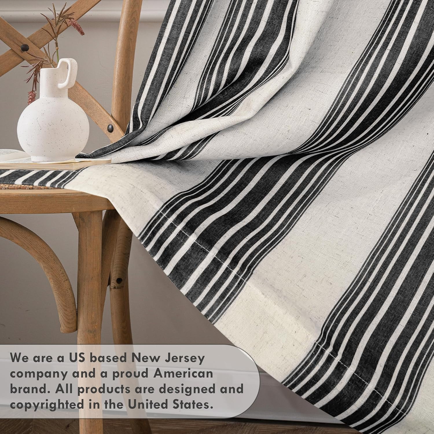 DriftAway Chris Vertical Striped Pattern Linen Blend Lined Thermal Insulated Blackout and Room Darkening Linen Curtains for Farmhouse Printed 2 Panels 52 Inch by 63 Inch Linen Black