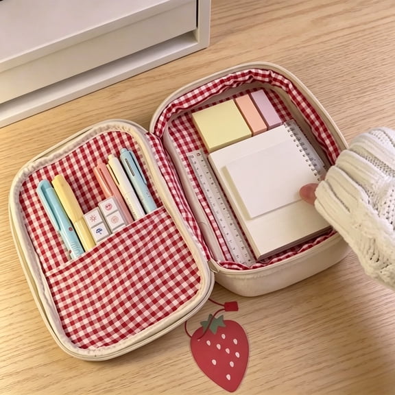 Summer Saving!Back_to_School Saving!School_Supplies!Under $1 dollars!Special Pencil Case Pouch, Strawberry Print Plushs Pencil Case Cute Fluffys Fabric Zipper Pouch For Stationery And Cosmetics, A
