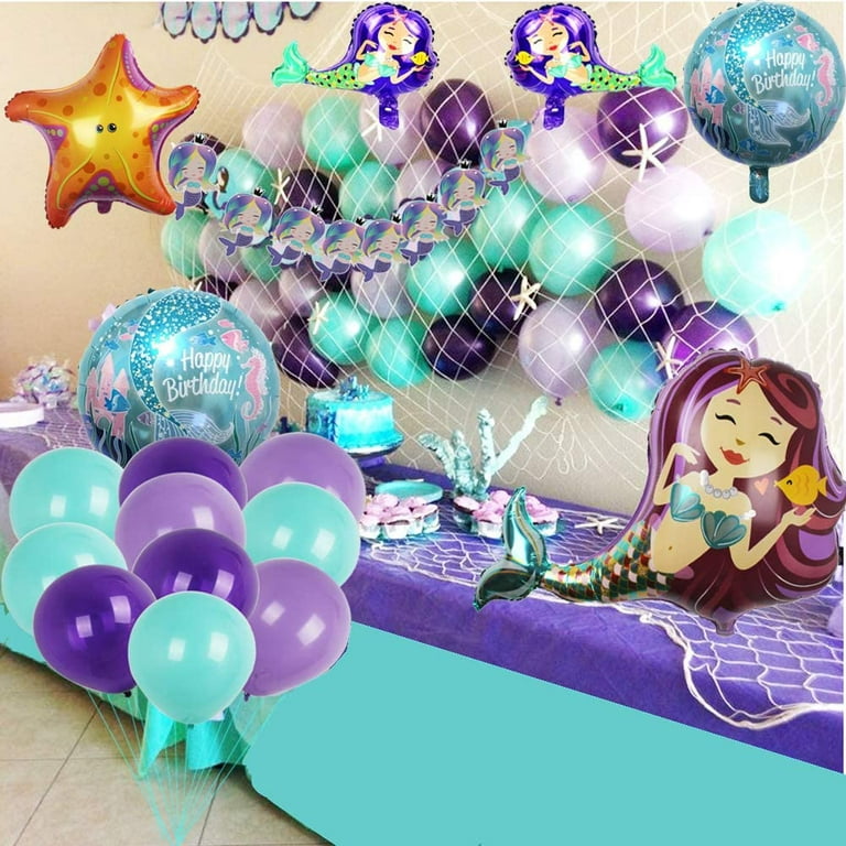Mermaid Party Supplies Set Decoration,Mermaid Bunting Banner,Fish net,Latex  Balloons,Mermaid Balloons for Girl's Party Under the Sea Theme Bridal and