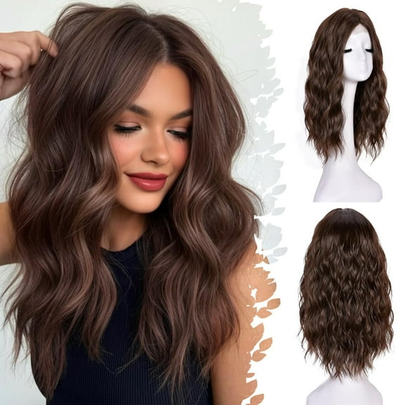Brown Short Wavy Wigs for Women 18Inch Bob Wave Wig Middle Part Synthetic Lace Front Natural Hairline Hair for Daily Party Use