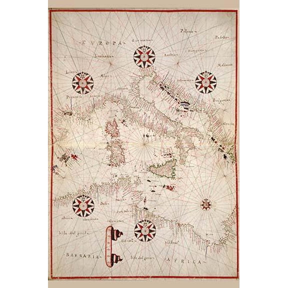 Portolan atlas of the Mediterranean Sea, western Europe, and the northwest coast of Africa - Central Mediterranean- Fine Art Canvas Print (20" x 30")